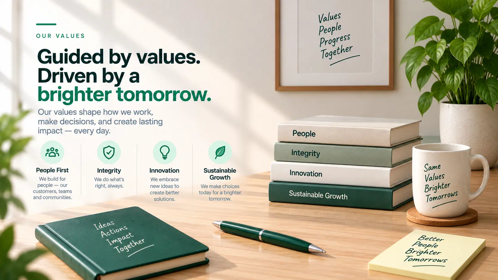Illustrated workspace highlighting people, integrity, innovation and sustainable growth
